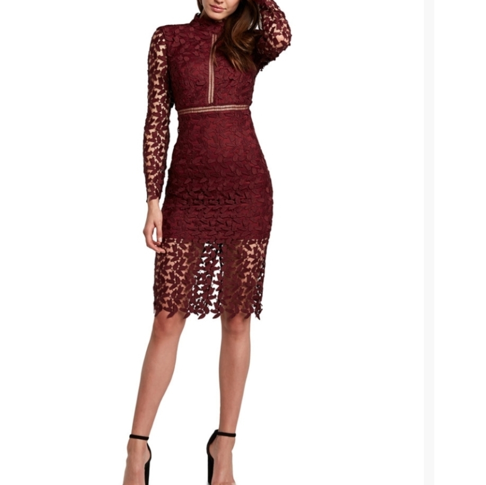 Bardot Alberta  Wine Lace Long-Sleeve Midi Dress